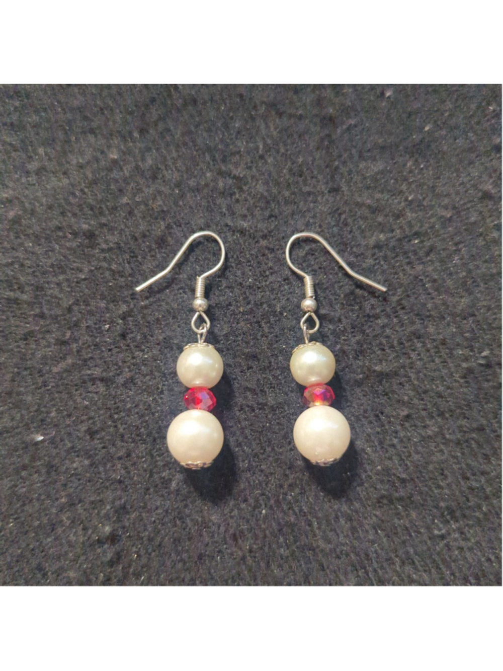 Silver Tone White Faux Pearl Red Crystal Bead Drop Statement Earrings